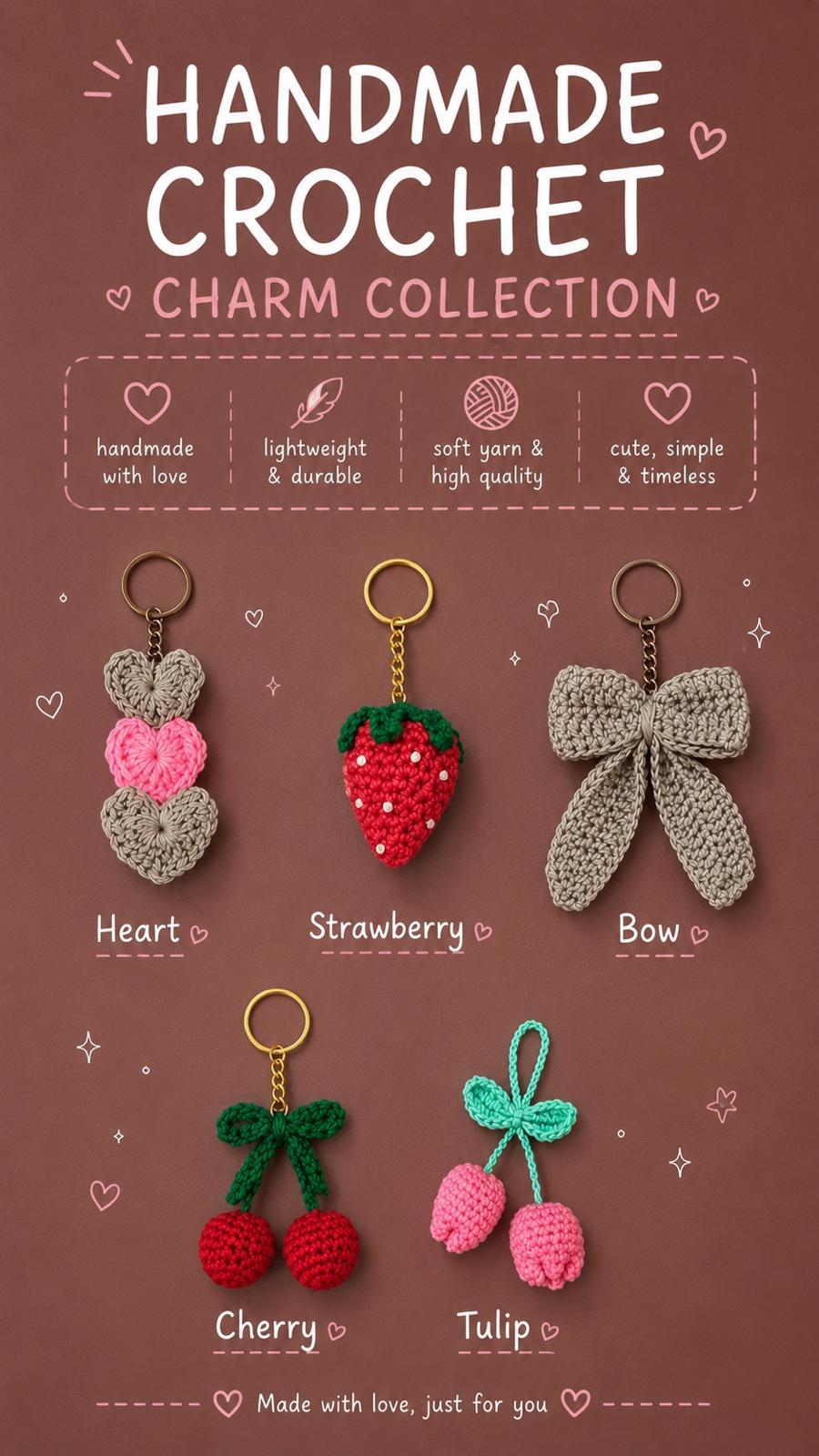 Your favorite little companions are here! 🍓🎀🌷 Handmade crochet charms crafted with love, perfect for bags, keys, and gifts. ✨